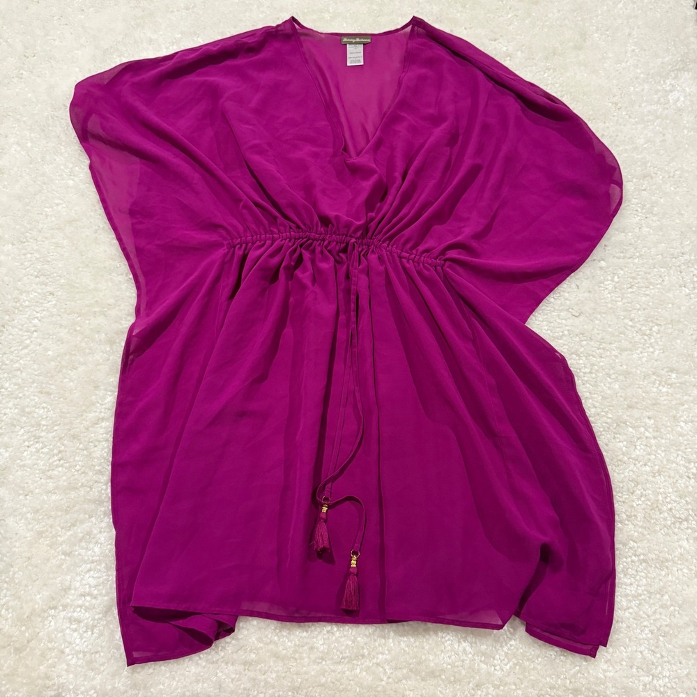 Tommy Bahama Cover Up Womens 1X Purple Sheer Kaftan Tassel Drawstring TSW36010CX